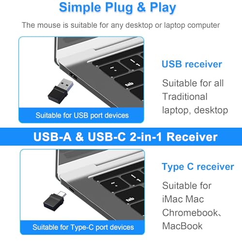 Bluetooth Kabellose Maus für MacBook Air Mac Pro Laptop Computer iPad PC Optische wiederaufladbare leise Funkmaus mit Dual Mode Switch Maus Bluetooth5.2/3.0 und 2.4GHz USB Typ-C Empfänger,Schwarz Bild 3