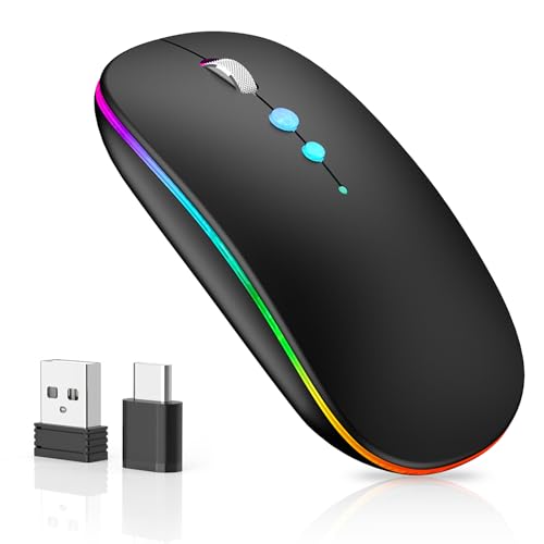 LED Funkmaus für Computer,Kabellos Tragbare PC Maus Wiederaufladbar mit 2,4GHz USB/USB-C Dual Empfänger, DPI,Zurück Taste-kompatibel mit TypeC-Geräten/AppleMacBook Air/Pro,iPad,Laptop,Tablet (Schwarz) Bild 1