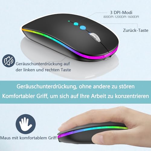 LED Funkmaus für Computer,Kabellos Tragbare PC Maus Wiederaufladbar mit 2,4GHz USB/USB-C Dual Empfänger, DPI,Zurück Taste-kompatibel mit TypeC-Geräten/AppleMacBook Air/Pro,iPad,Laptop,Tablet (Schwarz) Bild 2