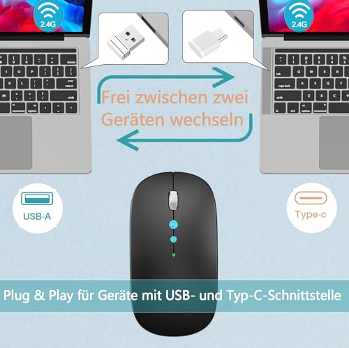 LED Funkmaus für Computer,Kabellos Tragbare PC Maus Wiederaufladbar mit 2,4GHz USB/USB-C Dual Empfänger, DPI,Zurück Taste-kompatibel mit TypeC-Geräten/AppleMacBook Air/Pro,iPad,Laptop,Tablet (Schwarz) Bild 3