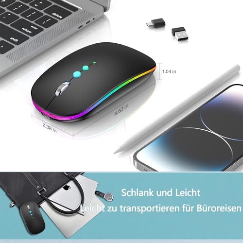 LED Funkmaus für Computer,Kabellos Tragbare PC Maus Wiederaufladbar mit 2,4GHz USB/USB-C Dual Empfänger, DPI,Zurück Taste-kompatibel mit TypeC-Geräten/AppleMacBook Air/Pro,iPad,Laptop,Tablet (Schwarz) Bild 4