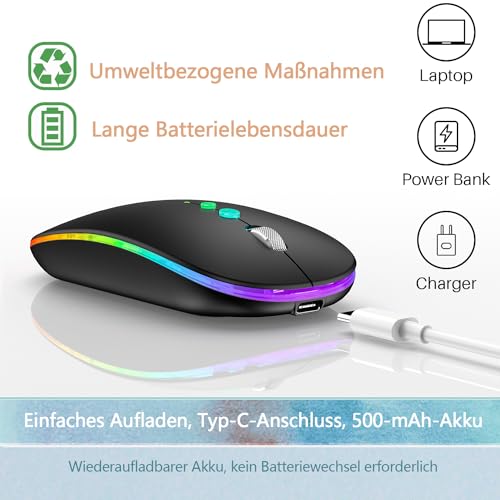 LED Funkmaus für Computer,Kabellos Tragbare PC Maus Wiederaufladbar mit 2,4GHz USB/USB-C Dual Empfänger, DPI,Zurück Taste-kompatibel mit TypeC-Geräten/AppleMacBook Air/Pro,iPad,Laptop,Tablet (Schwarz) Bild 5