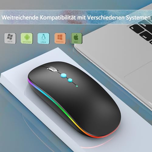 LED Funkmaus für Computer,Kabellos Tragbare PC Maus Wiederaufladbar mit 2,4GHz USB/USB-C Dual Empfänger, DPI,Zurück Taste-kompatibel mit TypeC-Geräten/AppleMacBook Air/Pro,iPad,Laptop,Tablet (Schwarz) Bild 6