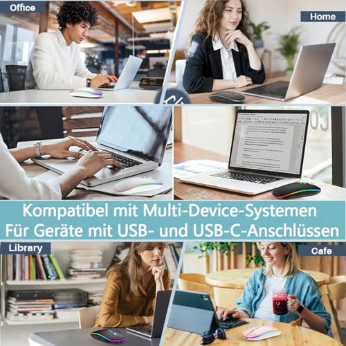 LED Funkmaus für Computer,Kabellos Tragbare PC Maus Wiederaufladbar mit 2,4GHz USB/USB-C Dual Empfänger, DPI,Zurück Taste-kompatibel mit TypeC-Geräten/AppleMacBook Air/Pro,iPad,Laptop,Tablet (Schwarz) Bild 7