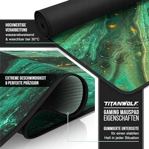 Titanwolf - XXXL Übergröße Mauspad 1200x600mm, Gaming Mousepad Groß 120x60 cm Tischunterlage Large Size verbessert Präzision und Geschwindigkeit XXXL für Logitech Maus und Tastatur, Marmor Grün Gold Bild 3