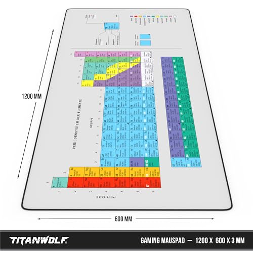 Titanwolf - XXXL Übergröße Mauspad 1200x600mm, Gaming Mousepad Groß 120x60 cm Tischunterlage Large Size verbessert Präzision und Geschwindigkeit XXXL für Logitech Maus und Tastatur, Periodensystem Bild 2