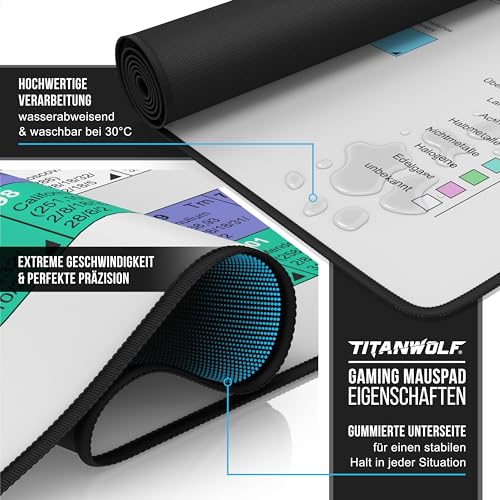 Titanwolf - XXXL Übergröße Mauspad 1200x600mm, Gaming Mousepad Groß 120x60 cm Tischunterlage Large Size verbessert Präzision und Geschwindigkeit XXXL für Logitech Maus und Tastatur, Periodensystem Bild 3