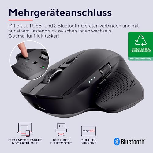 Trust Ozaa+ Kabellose Maus Bluetooth + 2.4GHz, Programmierbare Mehrgeräte Funkmaus, Seitliches Mausrad, 60% Recyclingkunststoff Wiederaufladbare Leise Bluetooth Maus Laptop Computer Mac, Schwarz Bild 2