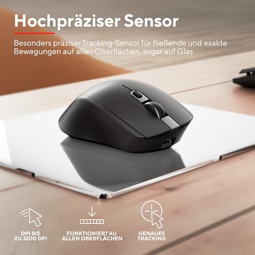Trust Ozaa+ Kabellose Maus Bluetooth + 2.4GHz, Programmierbare Mehrgeräte Funkmaus, Seitliches Mausrad, 60% Recyclingkunststoff Wiederaufladbare Leise Bluetooth Maus Laptop Computer Mac, Schwarz Bild 6