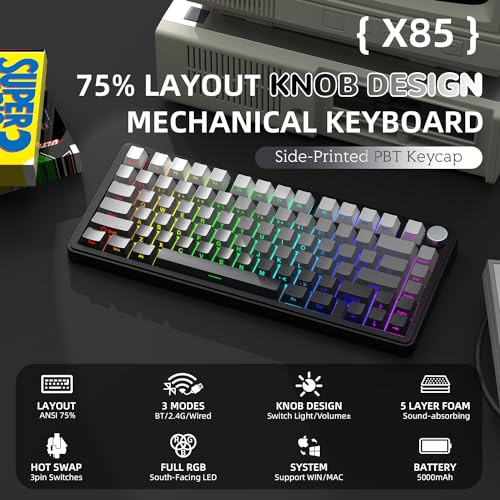 AJAZZ x Attack Shark X85 Mechanische Tastatur,75% Kabellose Gaming-Tastatur mit Knopf,5-Lagige Polsterung,Seitlich Bedruckte PBT-Tastenkappe,BT5,1/2,4 GHz/USB-C,Hot-Swap-Linearschalter,RGB,für PC,MAC Bild 2