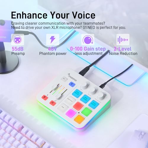 MAONO Audio Mixer, Audio-Interface mit Pro-Preamp, RGB, Bluetooth, 48V-Phantom-Speisung für Live-Streaming, Podcasting, Content-Erstellung, Gaming – MaonoCaster G1 NEO (Weiß) Bild 3