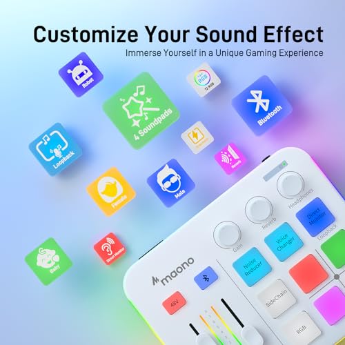 MAONO Audio Mixer, Audio-Interface mit Pro-Preamp, RGB, Bluetooth, 48V-Phantom-Speisung für Live-Streaming, Podcasting, Content-Erstellung, Gaming – MaonoCaster G1 NEO (Weiß) Bild 4