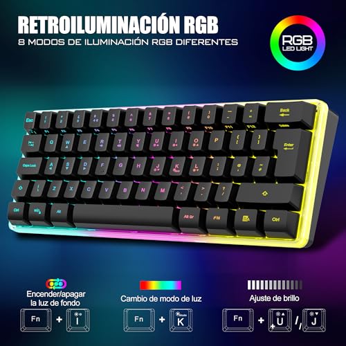 RedThunder Kabellose mechanische Gaming-Tastatur, 60 %, dynamische RGB-Hintergrundbeleuchtung, leichte Handy-Maus mit 3200 dpi, ultra-kompakte Tastatur mit 62 Anti-Ghosting-Tasten, QWERTY ES-Layout, Bild 2