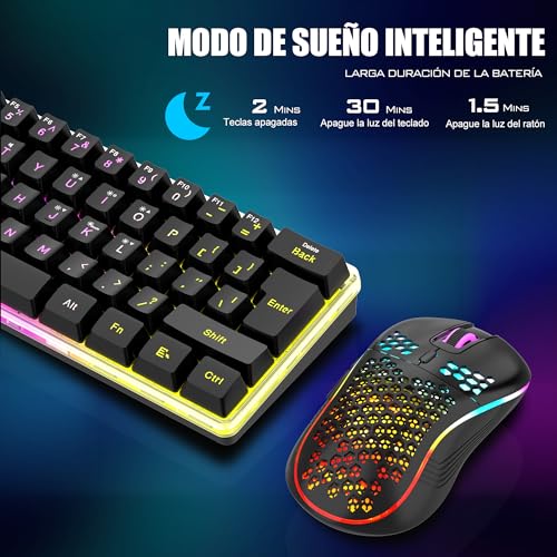 RedThunder Kabellose mechanische Gaming-Tastatur, 60 %, dynamische RGB-Hintergrundbeleuchtung, leichte Handy-Maus mit 3200 dpi, ultra-kompakte Tastatur mit 62 Anti-Ghosting-Tasten, QWERTY ES-Layout, Bild 3