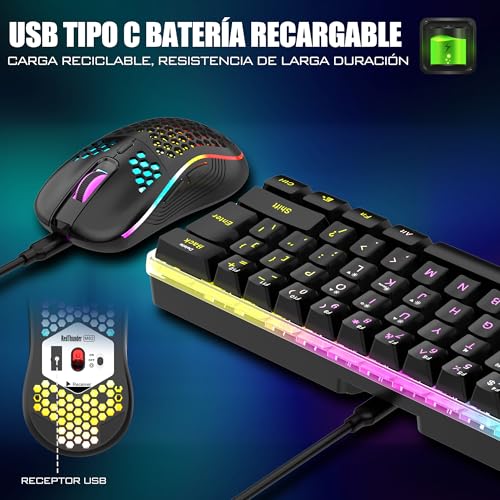 RedThunder Kabellose mechanische Gaming-Tastatur, 60 %, dynamische RGB-Hintergrundbeleuchtung, leichte Handy-Maus mit 3200 dpi, ultra-kompakte Tastatur mit 62 Anti-Ghosting-Tasten, QWERTY ES-Layout, Bild 6