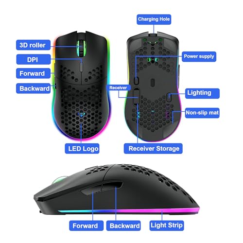 Mengshen Kabellose Gaming-Maus Honeycomb, RGB-Spielmäuse mit leichtem Gehäuse Hochpräziser optischer Sensor einstellbar 3200 DPI ergonomisch für Windows-PC-Laptop (Schwarz) Bild 2
