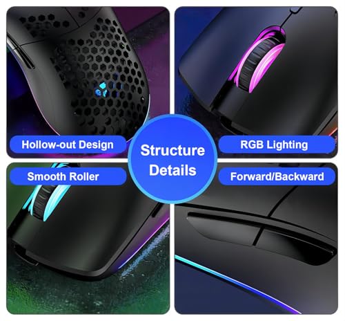 Mengshen Kabellose Gaming-Maus Honeycomb, RGB-Spielmäuse mit leichtem Gehäuse Hochpräziser optischer Sensor einstellbar 3200 DPI ergonomisch für Windows-PC-Laptop (Schwarz) Bild 4