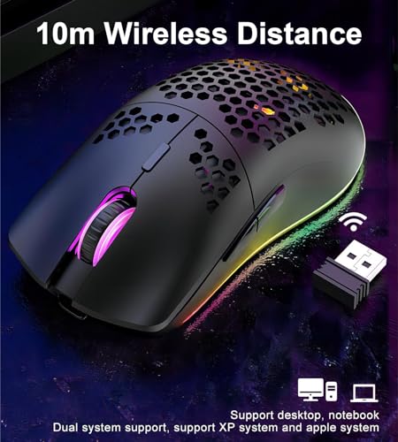 Mengshen Kabellose Gaming-Maus Honeycomb, RGB-Spielmäuse mit leichtem Gehäuse Hochpräziser optischer Sensor einstellbar 3200 DPI ergonomisch für Windows-PC-Laptop (Schwarz) Bild 6