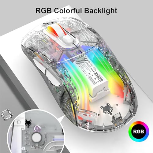 Mengshen Transparente kabellose Gaming-Mäuse, wiederaufladbare Maus mit 5-stufiger DPI-Stufe Bunte Hintergrundbeleuchtung Leiser klick Ergonomisch für PC-Computer-Gaming-Gamer-Büro (Weiß) Bild 2