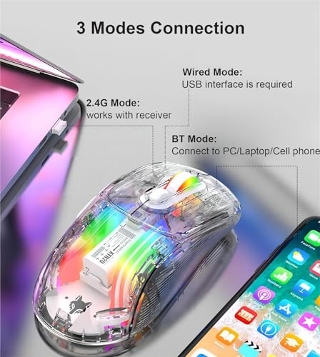 Mengshen Transparente kabellose Gaming-Mäuse, wiederaufladbare Maus mit 5-stufiger DPI-Stufe Bunte Hintergrundbeleuchtung Leiser klick Ergonomisch für PC-Computer-Gaming-Gamer-Büro (Weiß) Bild 3