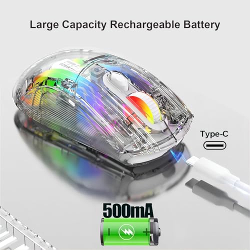 Mengshen Transparente kabellose Gaming-Mäuse, wiederaufladbare Maus mit 5-stufiger DPI-Stufe Bunte Hintergrundbeleuchtung Leiser klick Ergonomisch für PC-Computer-Gaming-Gamer-Büro (Weiß) Bild 4