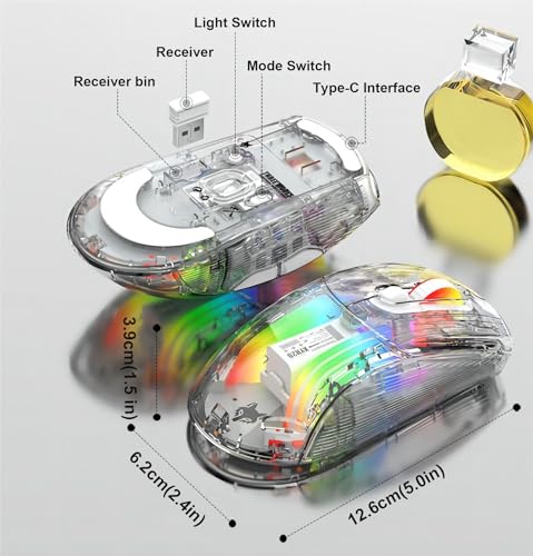 Mengshen Transparente kabellose Gaming-Mäuse, wiederaufladbare Maus mit 5-stufiger DPI-Stufe Bunte Hintergrundbeleuchtung Leiser klick Ergonomisch für PC-Computer-Gaming-Gamer-Büro (Weiß) Bild 5