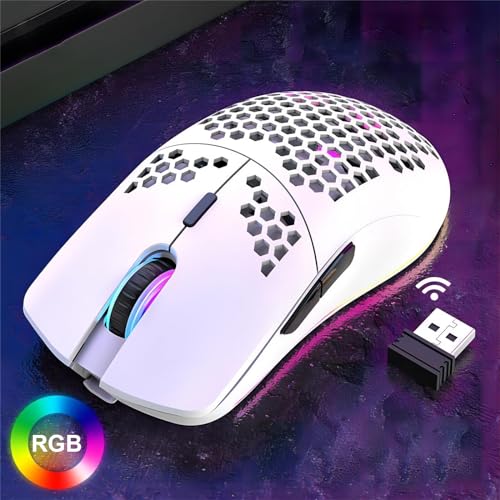Mengshen RGB-Gaming-Maus, kabellose Mäuse mit Leichter Wabenschale Hochpräzise optisch einstellbare 3200 DPI ergonomisch für Windows-PC-Laptop-Gamer (Weiß) Bild 2