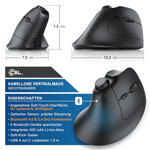 CSL - Vertikal Maus Bluetooth - Wireless kabellos - vertikale Ausführung - ergonomisches Design - gegen Mausarm Tennisarm - Multimedia-Drehregler - PC Windows 11 Linux Bild 2