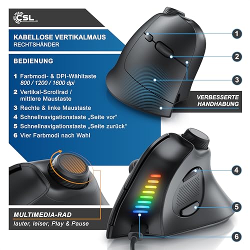 CSL - Vertikal Maus Bluetooth - Wireless kabellos - vertikale Ausführung - ergonomisches Design - gegen Mausarm Tennisarm - Multimedia-Drehregler - PC Windows 11 Linux Bild 4