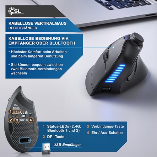 CSL - Vertikal Maus Bluetooth - Wireless kabellos - vertikale Ausführung - ergonomisches Design - gegen Mausarm Tennisarm - Multimedia-Drehregler - PC Windows 11 Linux Bild 5