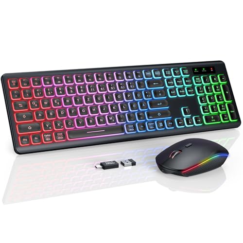 Kabellose Tastatur und Maus Set, Regenbogen-Hintergrundbeleuchtung, USB-C wiederaufladbar, leises Full-Size Design mit klappbaren Neigungsfüßen, 2,4 GHz für Windows, Mac, PC, Laptop, SABLUTE KL1 Bild 1
