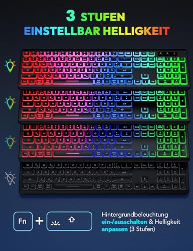 Kabellose Tastatur und Maus Set, Regenbogen-Hintergrundbeleuchtung, USB-C wiederaufladbar, leises Full-Size Design mit klappbaren Neigungsfüßen, 2,4 GHz für Windows, Mac, PC, Laptop, SABLUTE KL1 Bild 2