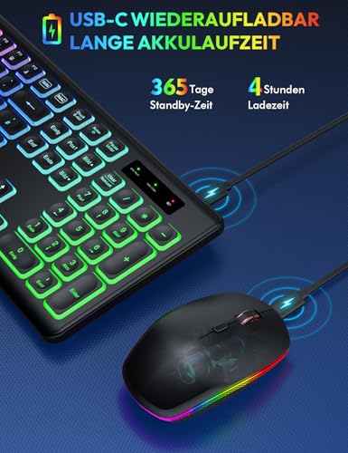 Kabellose Tastatur und Maus Set, Regenbogen-Hintergrundbeleuchtung, USB-C wiederaufladbar, leises Full-Size Design mit klappbaren Neigungsfüßen, 2,4 GHz für Windows, Mac, PC, Laptop, SABLUTE KL1 Bild 3