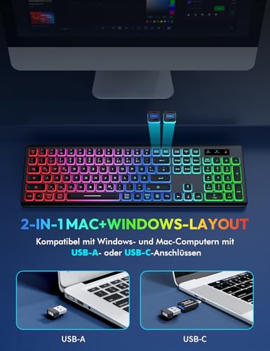 Kabellose Tastatur und Maus Set, Regenbogen-Hintergrundbeleuchtung, USB-C wiederaufladbar, leises Full-Size Design mit klappbaren Neigungsfüßen, 2,4 GHz für Windows, Mac, PC, Laptop, SABLUTE KL1 Bild 4