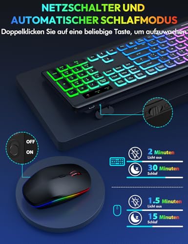 Kabellose Tastatur und Maus Set, Regenbogen-Hintergrundbeleuchtung, USB-C wiederaufladbar, leises Full-Size Design mit klappbaren Neigungsfüßen, 2,4 GHz für Windows, Mac, PC, Laptop, SABLUTE KL1 Bild 5