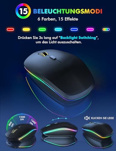 Kabellose Tastatur und Maus Set, Regenbogen-Hintergrundbeleuchtung, USB-C wiederaufladbar, leises Full-Size Design mit klappbaren Neigungsfüßen, 2,4 GHz für Windows, Mac, PC, Laptop, SABLUTE KL1 Bild 6