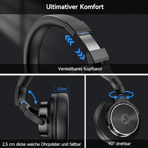 syndesmos Over Ear Kopfhörer mit Kabel, 50mm Treiber DJ Kopfhörer Professionell Studio Kopfhörer 3,5mm/6,35mm Klinke Share-Port DJ Headphones für Studio, Podcast, Monitoring, PC, Handy, E-Drum Gitarre Bild 2