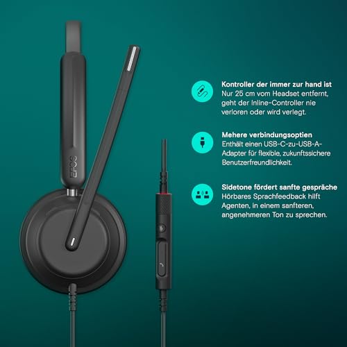 EPOS IMPACT 760 - Doppelseitiges USB C und USB A kabelgebundenes Büro Headset mit Noise Cancelling Mikrofon, In-Line-Steuerung, hochwertiger Klang, bequeme Passform, für Business und Home-Office Bild 3