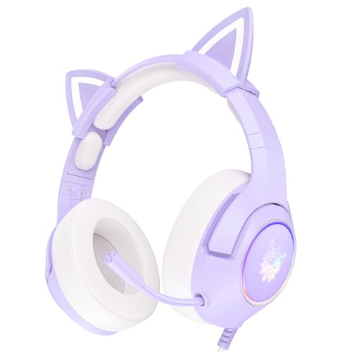 PHNIXGAM Gaming-Kopfhörer FÜR PS4, PS5, Xbox One (Ohne Adapter), Kabelgebundene Kopfhörer Mit Katzenohren, GeräuschunterdrÜCkendes Mikrofon, RGB, Surround-Sound FÜR PC, Mobiltelefon, Lila Bild 1
