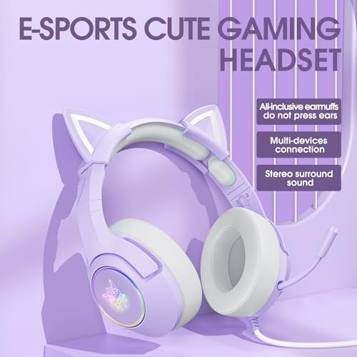 PHNIXGAM Gaming-Kopfhörer FÜR PS4, PS5, Xbox One (Ohne Adapter), Kabelgebundene Kopfhörer Mit Katzenohren, GeräuschunterdrÜCkendes Mikrofon, RGB, Surround-Sound FÜR PC, Mobiltelefon, Lila Bild 4