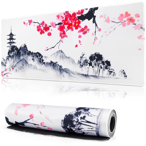 Mauspad Gaming Mousepad XXL 900 x 400 mm Schreibtischunterlage Groß Mausped Weiß Mausunterlage Mausoad Mouspad Japan Sakura Mauspad mit Motiv für PC Büro Desk Mat Laptop Computer (Stil 1) Bild 1