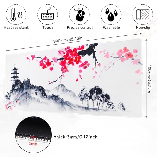 Mauspad Gaming Mousepad XXL 900 x 400 mm Schreibtischunterlage Groß Mausped Weiß Mausunterlage Mausoad Mouspad Japan Sakura Mauspad mit Motiv für PC Büro Desk Mat Laptop Computer (Stil 1) Bild 5