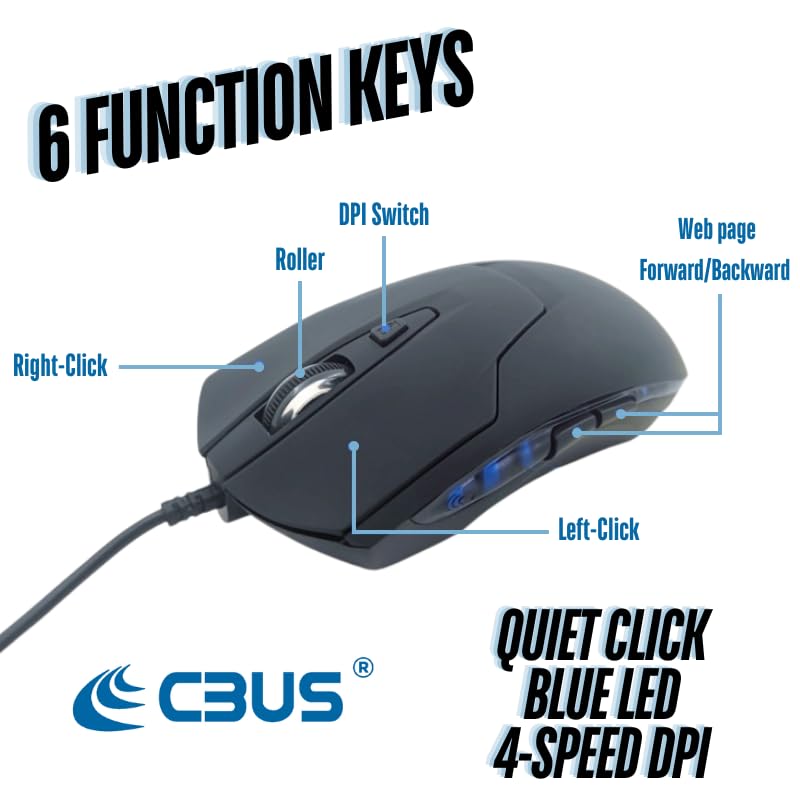 CBUS Kabelgebundene USB-C-Maus, 6 Tasten, leises Klicken, Computermaus, 4 DPI-Geschwindigkeiten, ergonomisch, LED-Hintergrundbeleuchtung, kompatibel mit Mac, Chromebook, HP, Dell XPS, ASUS, Surface, Bild 3