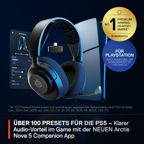 SteelSeries Arctis Nova 5P Wireless PS5 Gaming Headset – Für PS5, PC, Handy – Magnetische Neodym-Treiber – 100+ Audio Presets – 60 Std. Akkulaufzeit – 2,4 GHz oder BT-ClearCast Gen2.X Mik Bild 2