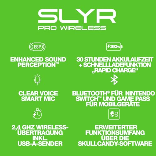 Skullcandy SLYR Pro Wireless Over-Ear Gaming Headset mit USB-A-Sender mit Besonders Niedriger Latenz für Xbox, PC oder Nintendo Switch oder PlayStation - Schwarz/Grün Bild 2
