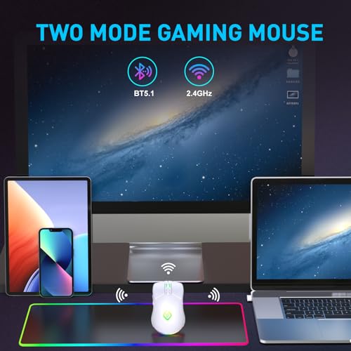 JYCSTE Kabellose Gaming Maus, Dual Mode 2.4GHz/Bluetooth 5.1 Maus Gaming, RGB LED Hintergrundbeleuchtung, Ergonomische Maus mit 6 Tasten, Wiederaufladbare Computer Maus für PC, Mac, Laptop (weiß) Bild 2