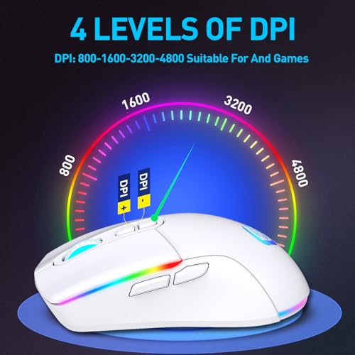 JYCSTE Kabellose Gaming Maus, Dual Mode 2.4GHz/Bluetooth 5.1 Maus Gaming, RGB LED Hintergrundbeleuchtung, Ergonomische Maus mit 6 Tasten, Wiederaufladbare Computer Maus für PC, Mac, Laptop (weiß) Bild 3