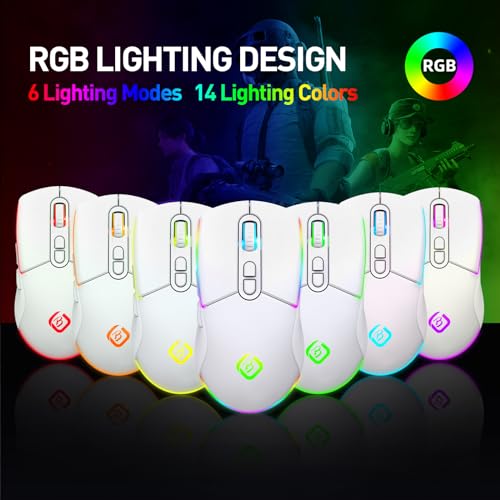 JYCSTE Kabellose Gaming Maus, Dual Mode 2.4GHz/Bluetooth 5.1 Maus Gaming, RGB LED Hintergrundbeleuchtung, Ergonomische Maus mit 6 Tasten, Wiederaufladbare Computer Maus für PC, Mac, Laptop (weiß) Bild 4