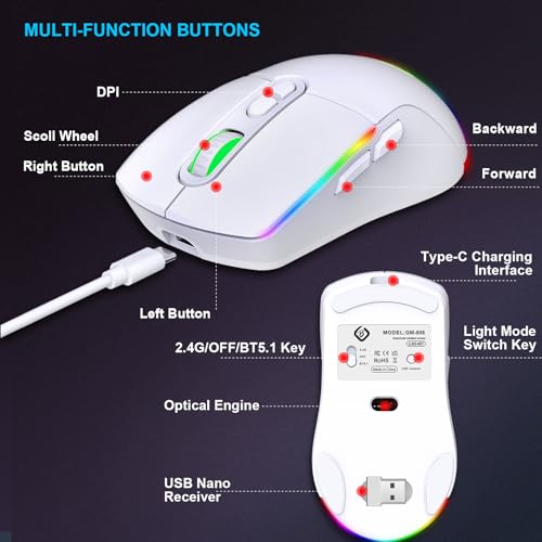 JYCSTE Kabellose Gaming Maus, Dual Mode 2.4GHz/Bluetooth 5.1 Maus Gaming, RGB LED Hintergrundbeleuchtung, Ergonomische Maus mit 6 Tasten, Wiederaufladbare Computer Maus für PC, Mac, Laptop (weiß) Bild 5