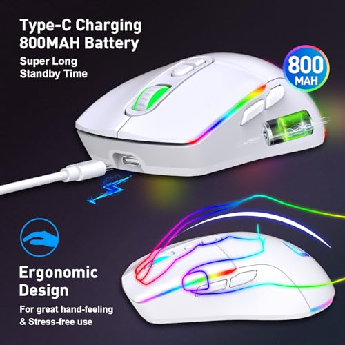 JYCSTE Kabellose Gaming Maus, Dual Mode 2.4GHz/Bluetooth 5.1 Maus Gaming, RGB LED Hintergrundbeleuchtung, Ergonomische Maus mit 6 Tasten, Wiederaufladbare Computer Maus für PC, Mac, Laptop (weiß) Bild 6